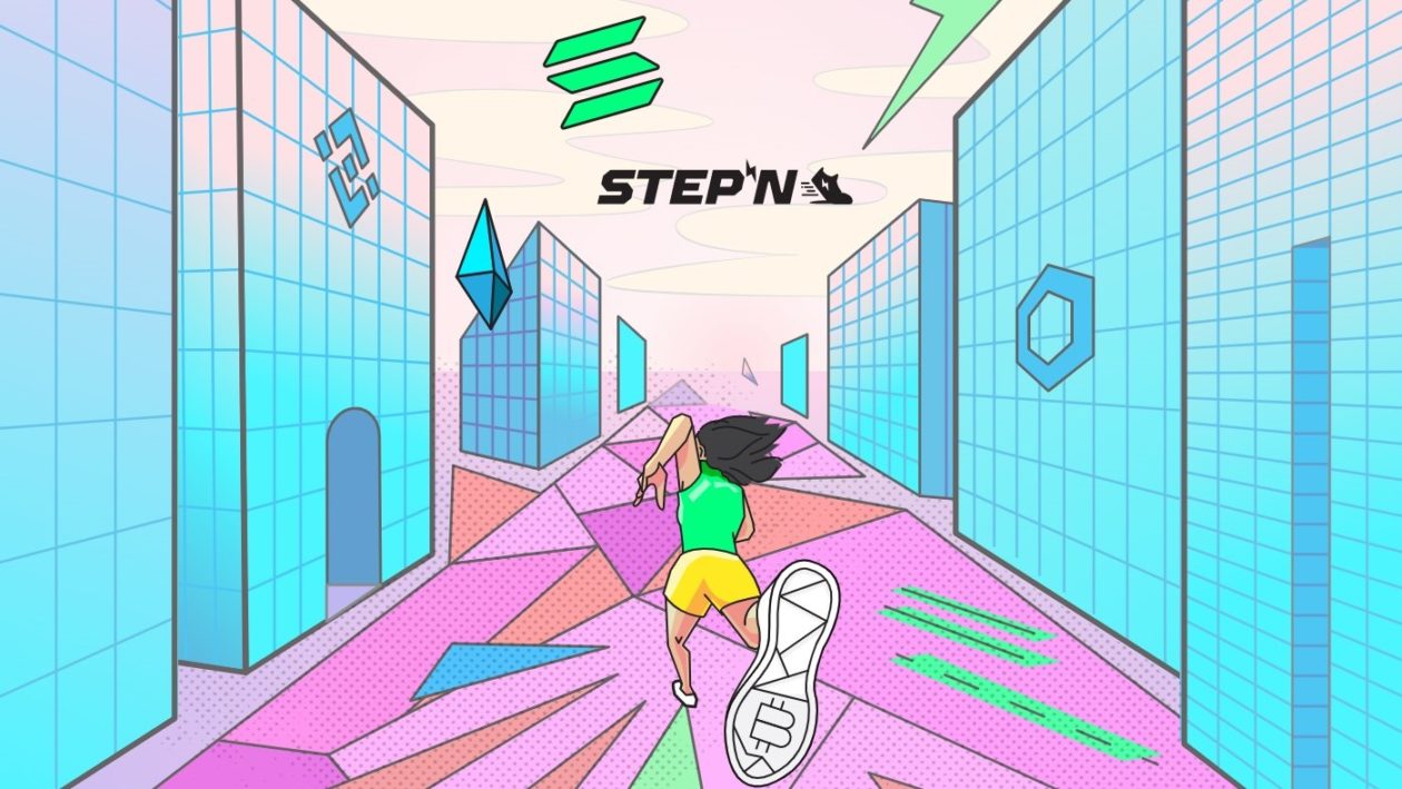 STEPN front page image, Front page of stepn.com showing STEPN logo and Solana blockchain logo